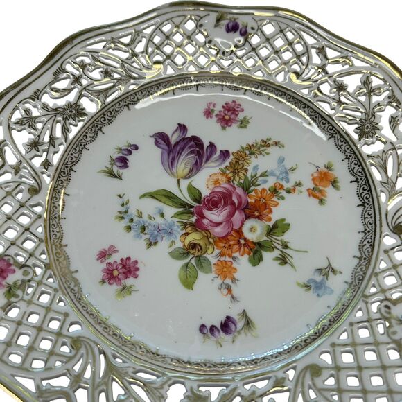 Schumann Dresden Bouquet Pierced Wall Plate 8" Germany Vintage Fine Porcelain - Picture 3 of 9